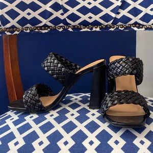 Black braided double strap chunky heel sandal mules sz 8.5